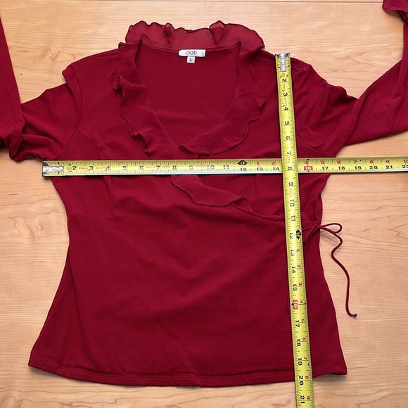 Cache Red Faux Suede Surplice Wrap Top with Ruffle Trim Sz L - Picture 12 of 12